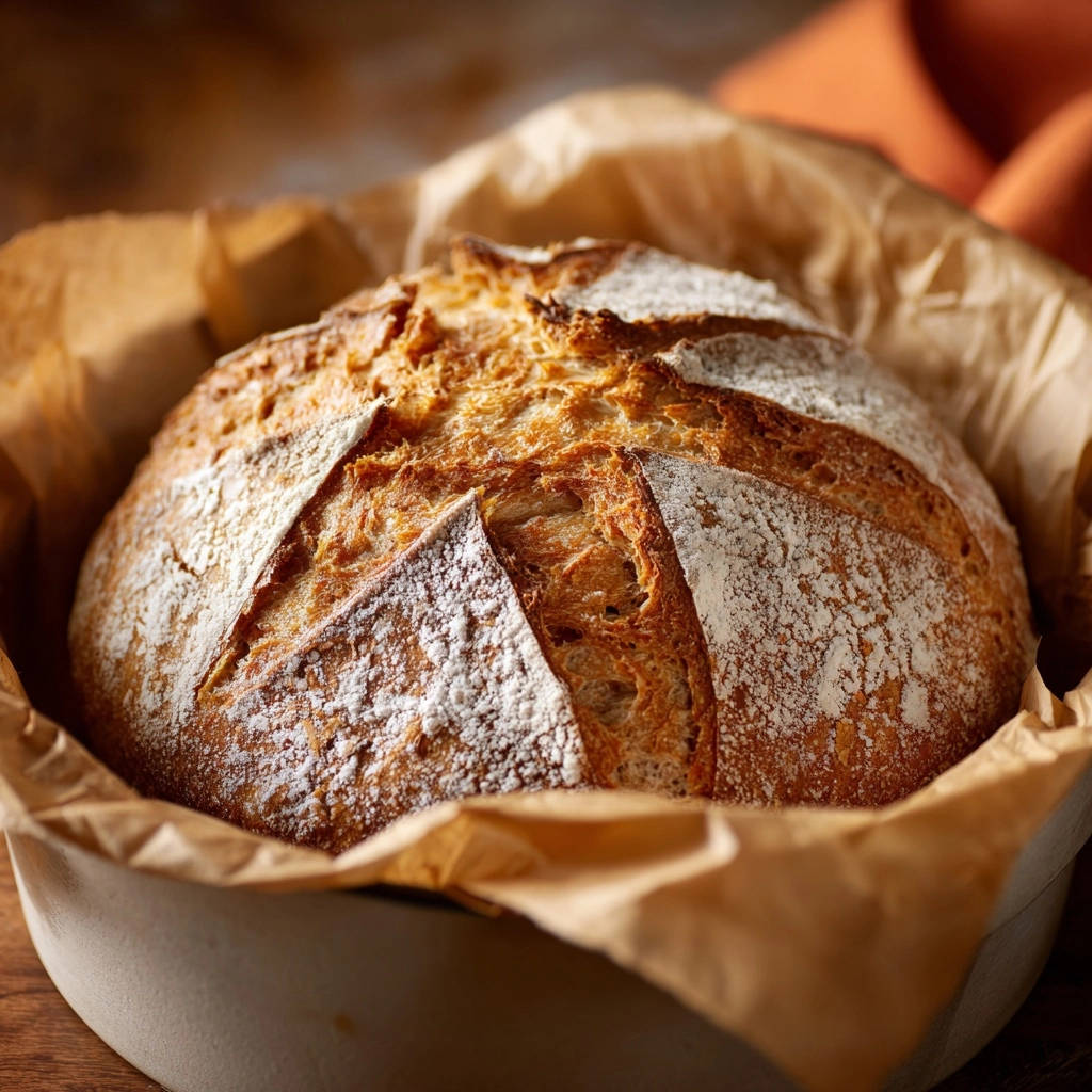 Rustikales Topfbrot in Papier ausgelegt, frisch aus dem Ofen mit einer goldbraunen, rissigen Kruste.