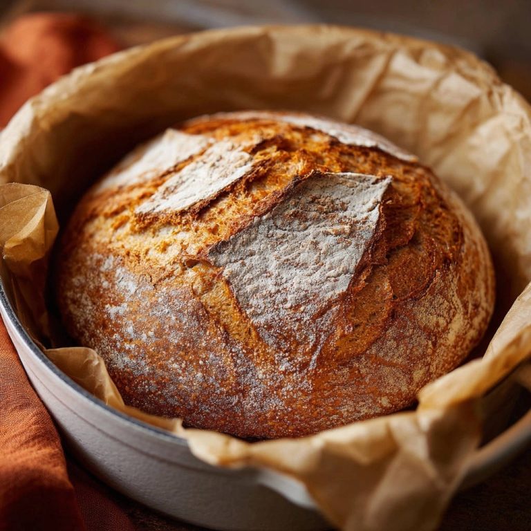 Rustikales Topfbrot mit einer wunderschön gebräunten, knusprigen Kruste, leicht mit Mehl bestäubt und in einem Topf gebacken.