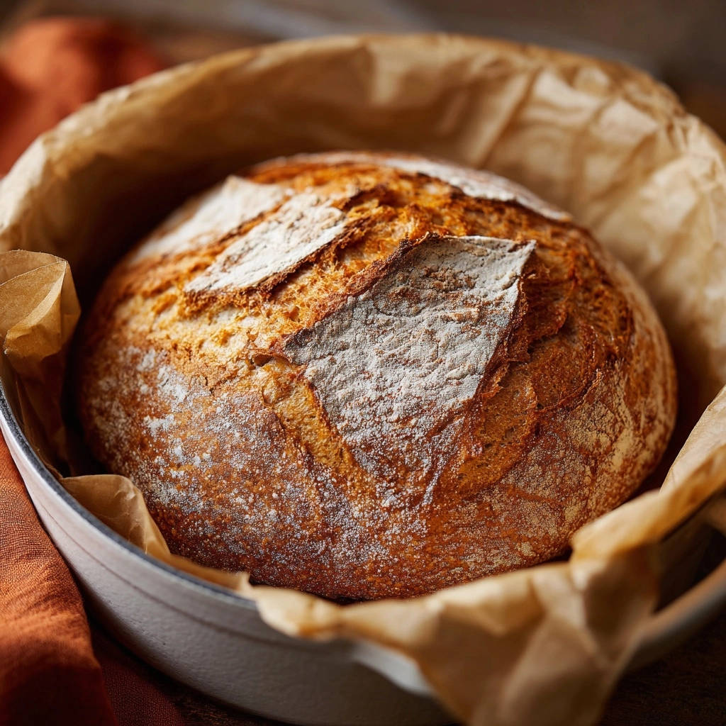 Rustikales Topfbrot mit einer wunderschön gebräunten, knusprigen Kruste, leicht mit Mehl bestäubt und in einem Topf gebacken.