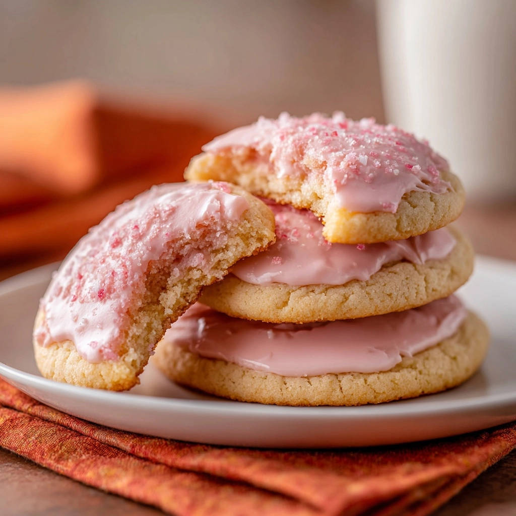 Saftige Erdbeer-Cookies mit zartem Zuckerguss, angeschnitten und mit rosa Streuseln garniert, zeigen ihre weiche Textur.