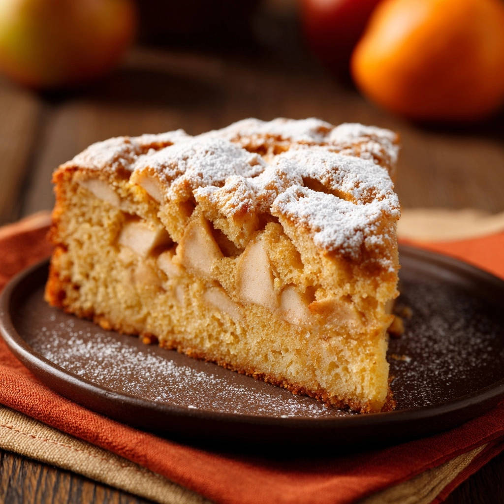 Saftiger Apfelkuchen angeschnitten auf einem braunen Teller, mit Puderzucker bestäubt und sichtbaren Apfelstücken.