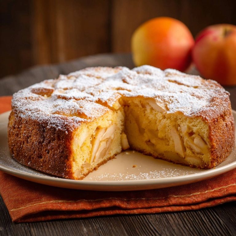 Saftiger Apfelkuchen, angeschnitten und mit Puderzucker bestäubt, zeigt die saftigen Apfelstücke im Inneren.