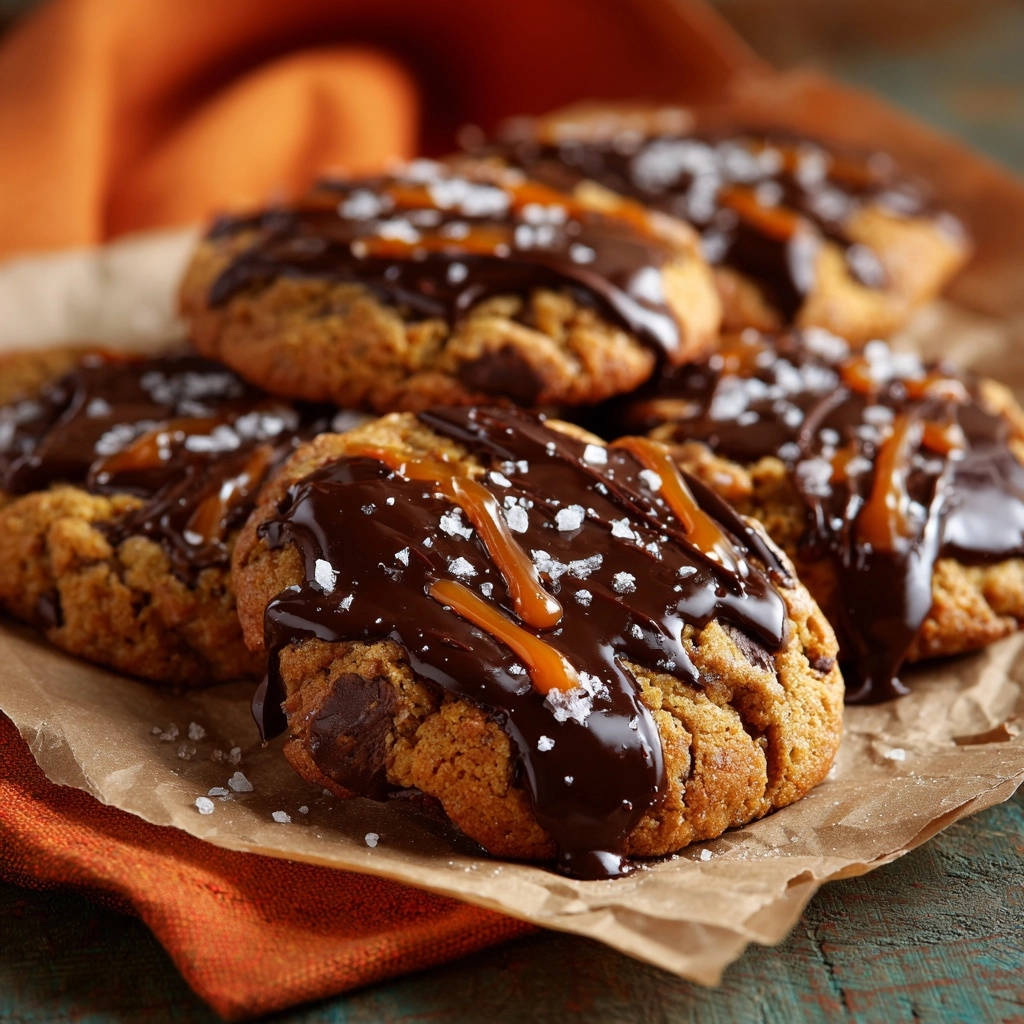 Salted Caramel Schoko Cookies mit dunkler Schokoladenglasur und Meersalzflocken, detailreich garniert