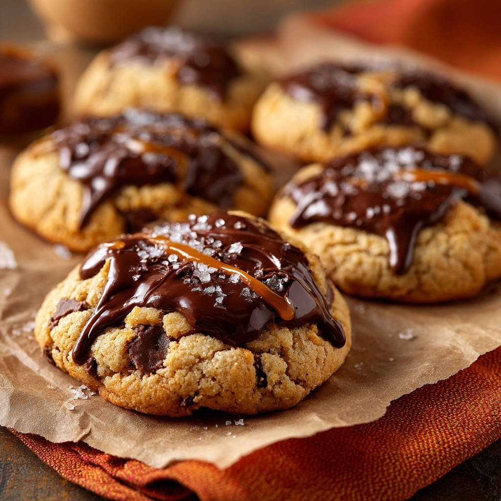 Salted Caramel Schoko Cookies mit üppiger Schokoladenglasur und karamellisierten Tropfen, bestreut mit grobem Salz.