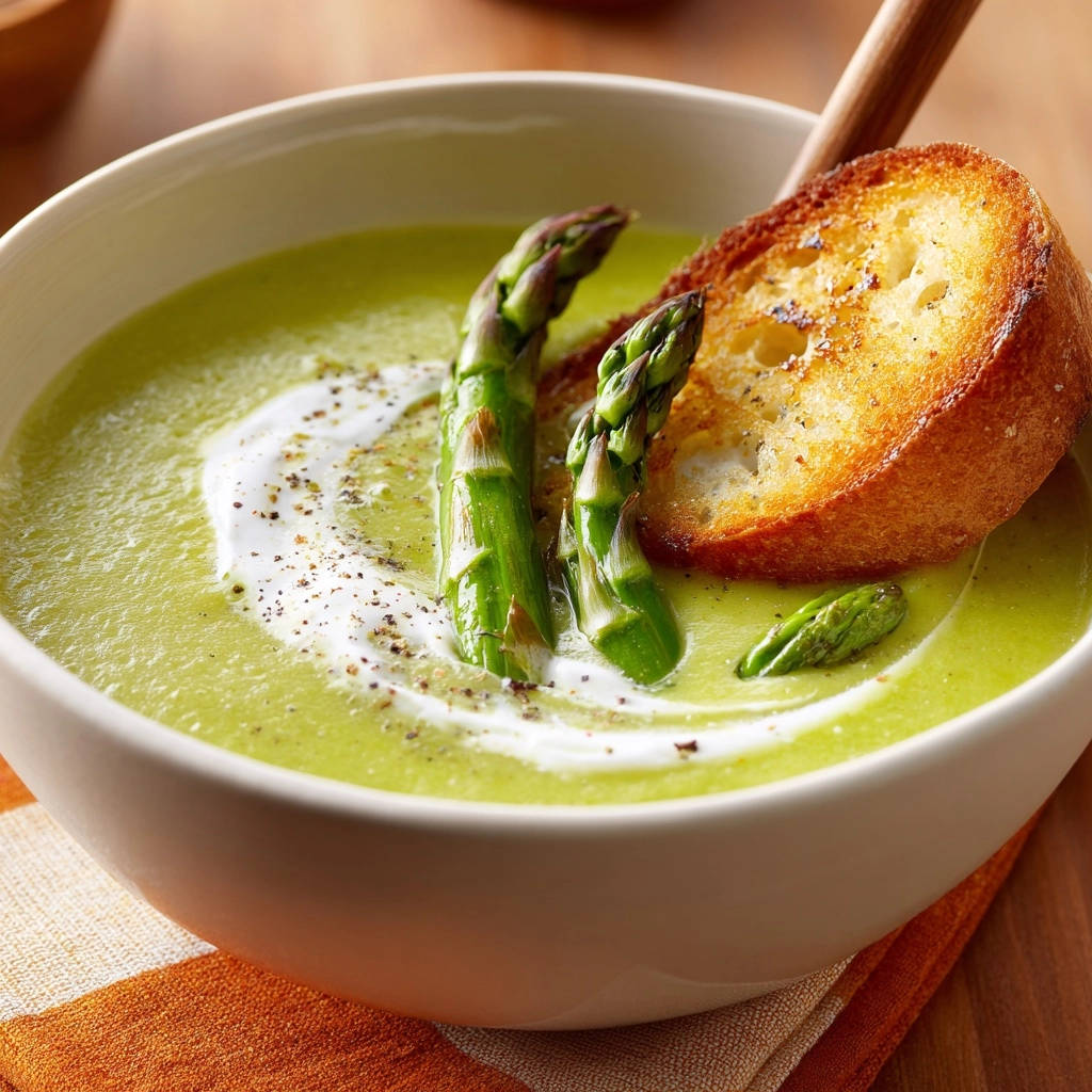 Samtige Spargelcremesuppe garniert mit frischen Spargelspitzen und geröstetem Crostini in einer weißen Schüssel.