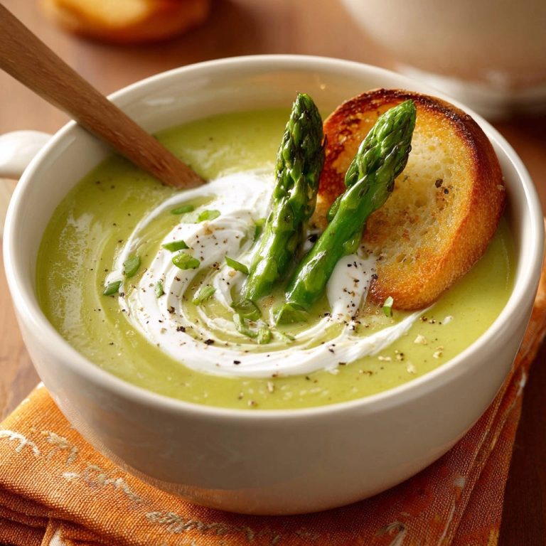 Samtige Spargelcremesuppe garniert mit Spargelspitzen und einem Crostini in einer weißen Schüssel, mit einem Löffel serviert.