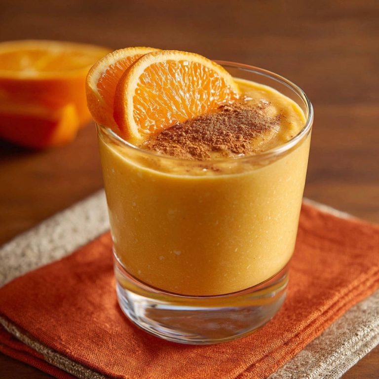 Samtiger Orangen-Zauber-Smoothie garniert mit Orangenscheiben und Zimt, bereit zum Genießen.