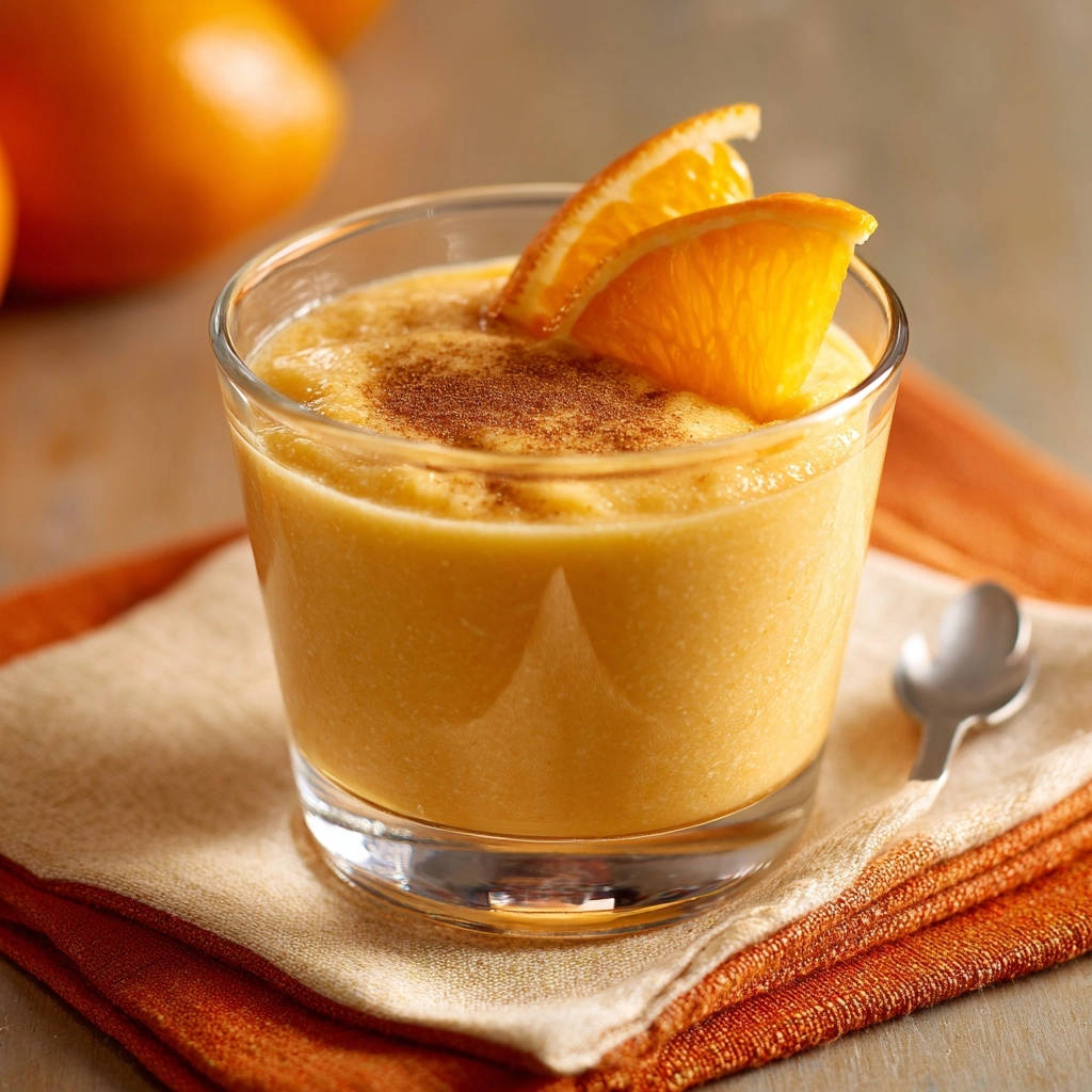 Samtiger Orangen-Zauber-Smoothie, garniert mit frischen Orangenspalten und Zimt, in einem Glas auf einem Stoffserviettengedeck.