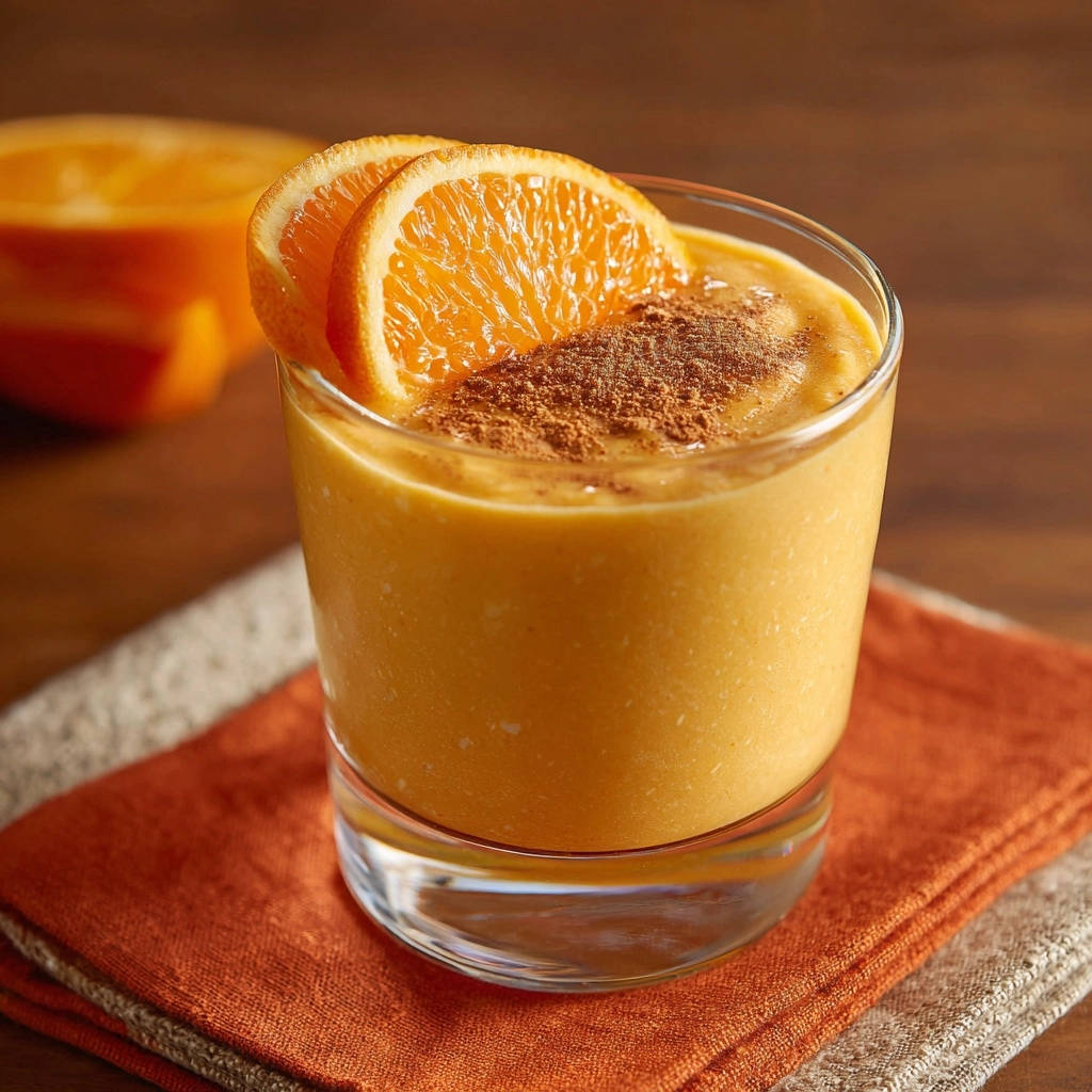 Samtiger Orangen-Zauber-Smoothie garniert mit Orangenscheiben und Zimt, bereit zum Genießen.