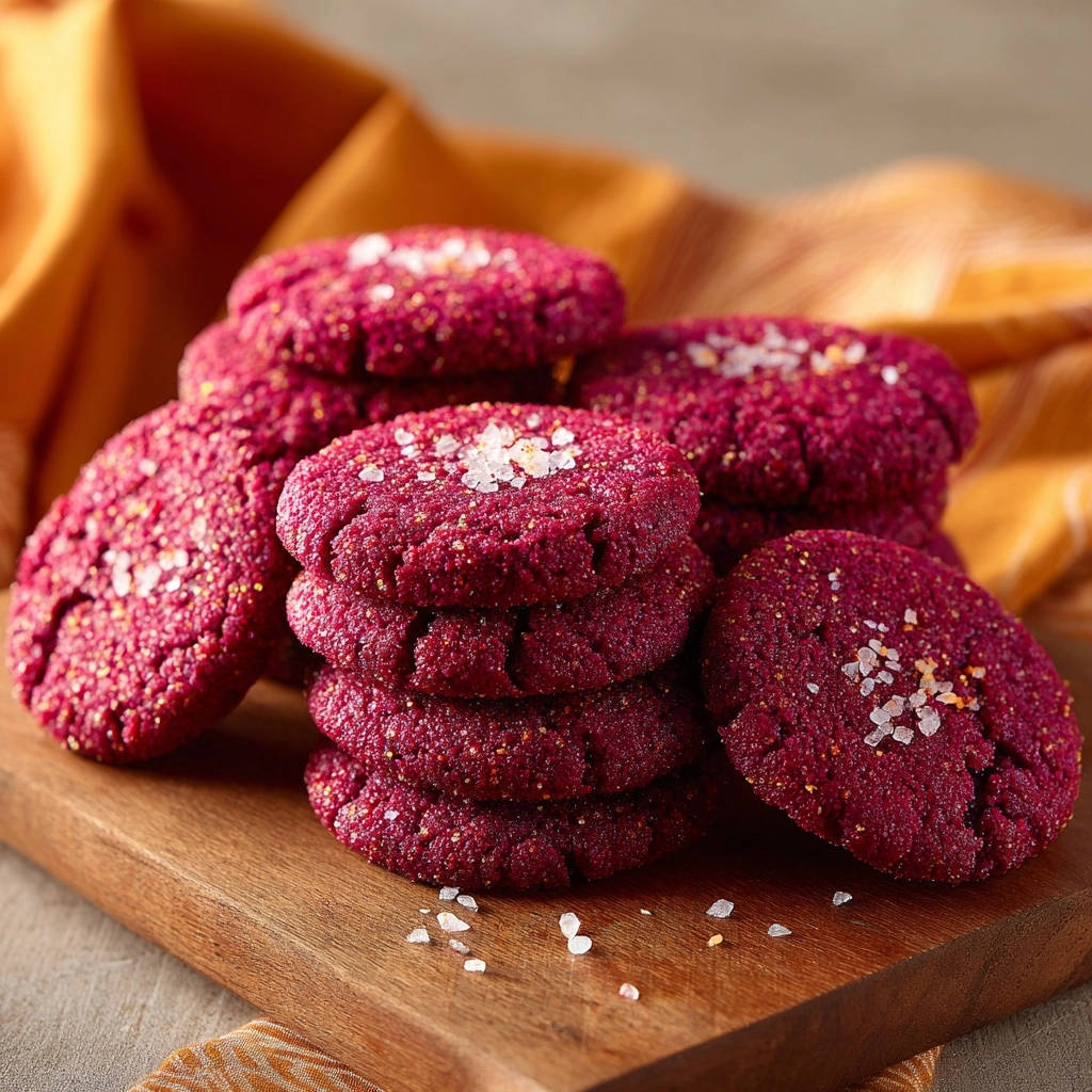 Samtrote Crinkle-Kekse mit Meersalz, nahaufnahme der Textur und des süßen Toppings auf einem Holzbrett