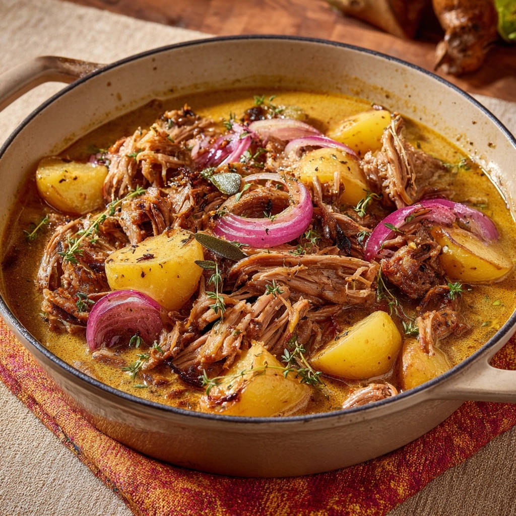 Zartes Schmorgericht mit Kartoffeln und roten Zwiebeln, eine Nahaufnahme des geschmorten Fleisches und Gemüses in einer Gusseisenpfanne.