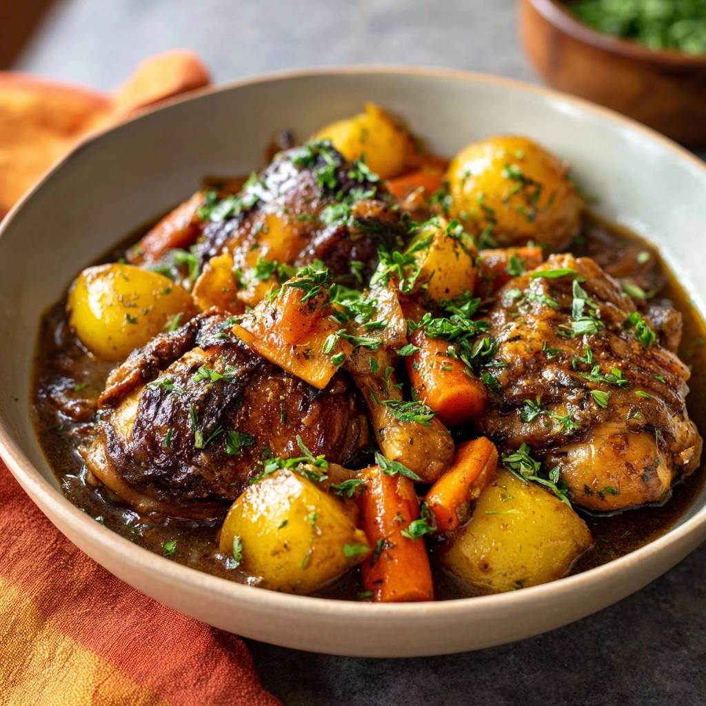 Saftiges Schmorhähnchen mit Kartoffeln und Karotten, nahaufnahme der servierten Portion mit frischer Petersilie garniert.