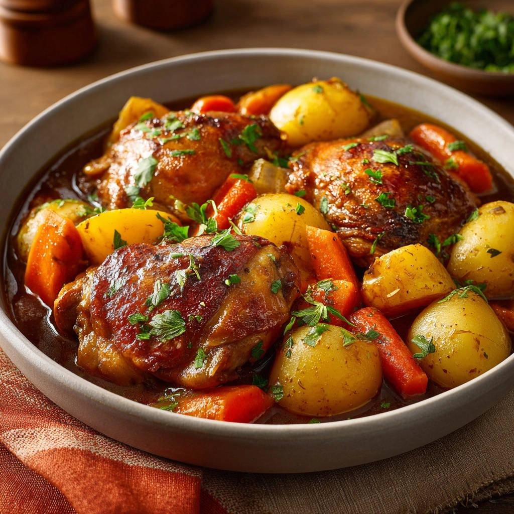 Saftiges Schmorhähnchen mit Kartoffeln und Karotten in einer Schüssel, nahaufnahme der zarten Hähnchenschenkel und des Gemüses.