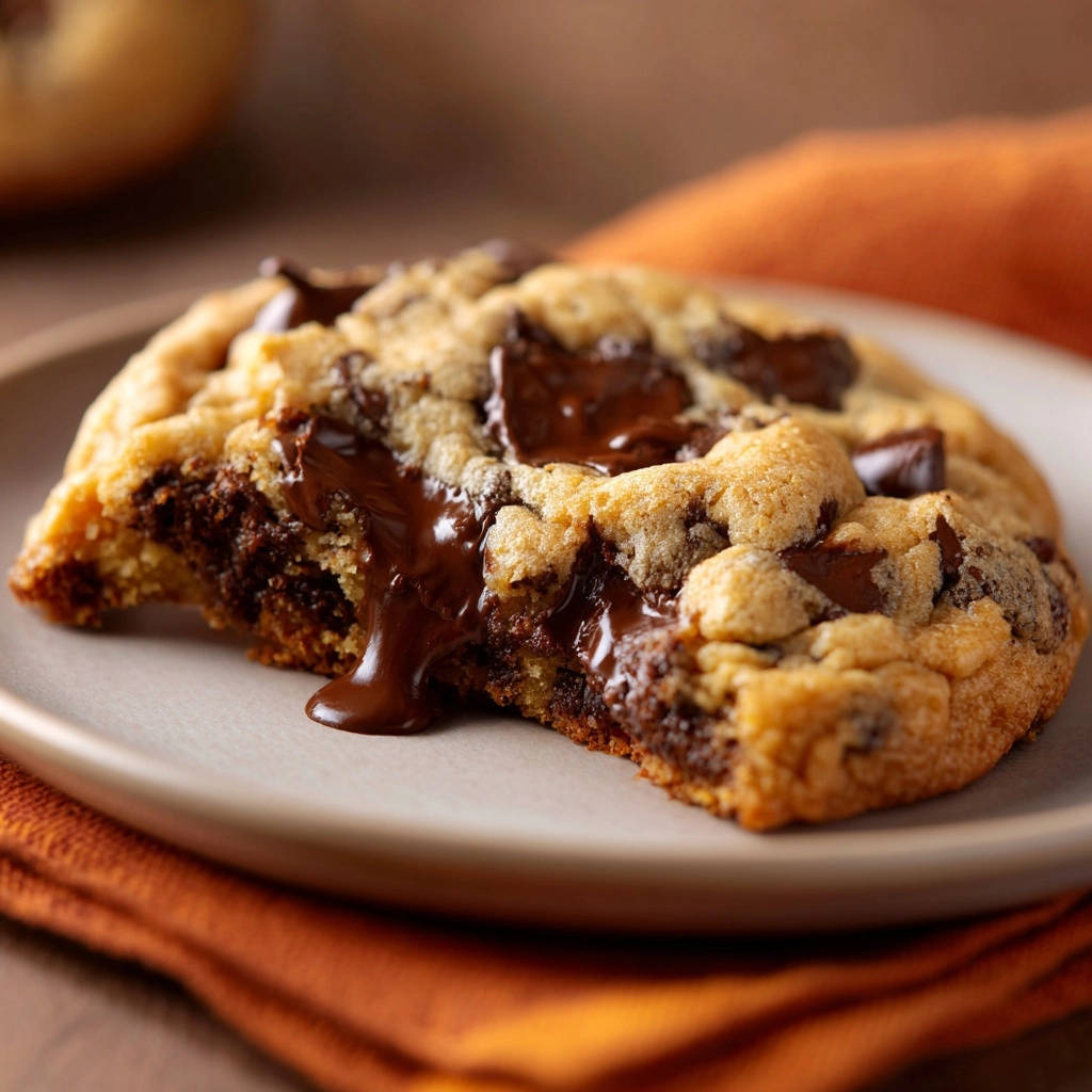 Die Ultimativ Saftigen Schoko-Chunk-Cookies angeschnitten mit flüssiger Schokolade, die aus dem zarten Kern tropft.