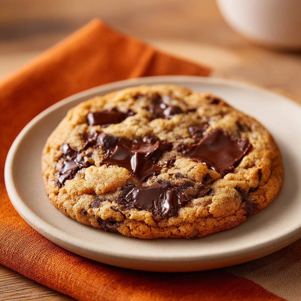 Die Ultimativ Saftigen Schoko-Chunk-Cookies, ein einzelnes Cookie auf einem Teller mit geschmolzenen Schokoladenstücken, nahaufnahme