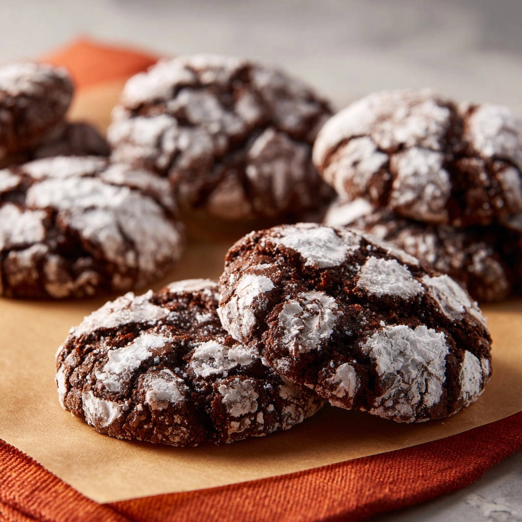 Schoko-Crinkle-Kekse sind nah aufgenommen und zeigen die charakteristischen Risse und Puderzucker-Oberfläche dieser beliebten Kekse.