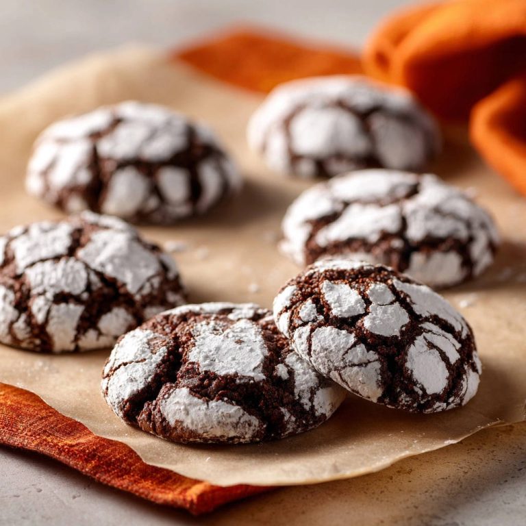 Schoko-Crinkle-Kekse mit Puderzucker bestäubt, die Nahaufnahme zeigt die charakteristischen Risse und die dunkle Schokoladenfarbe.