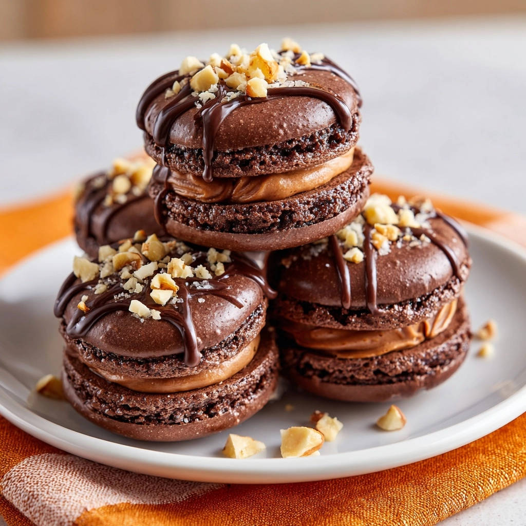 Schoko-Karamell-Macarons, gestapelt auf einem Teller und garniert mit gehackten Nüssen und Schokoladenglasur.