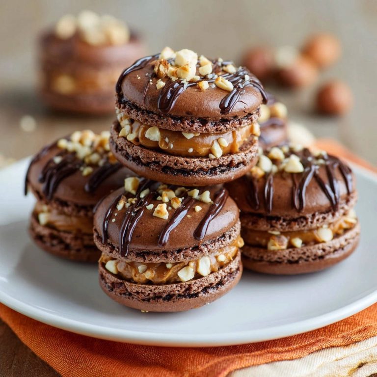 Schoko-Karamell-Macarons, gestapelt auf einem Teller und garniert mit gehackten Nüssen und Schokoladenguss.