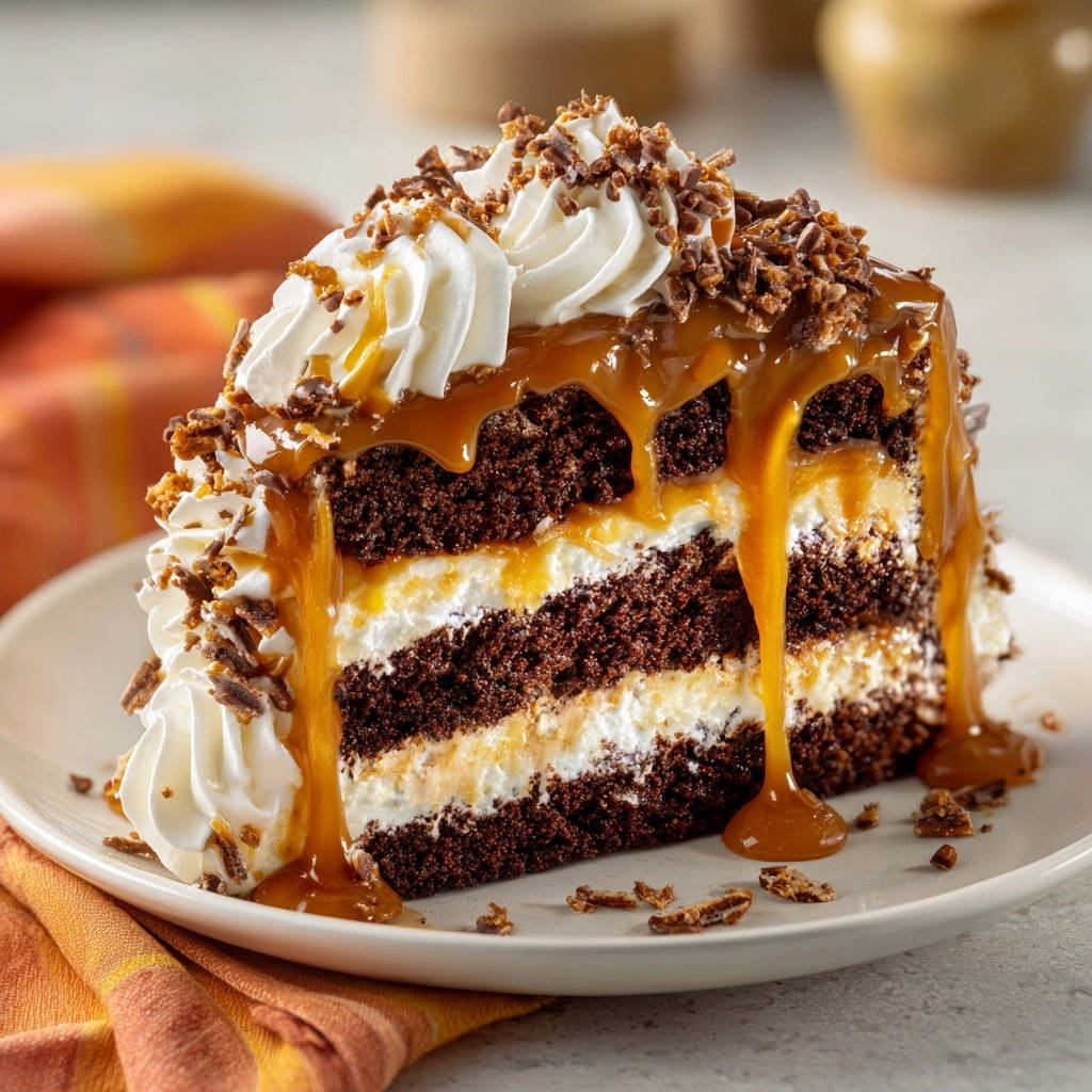 Luxuriöser Schoko-Karamell-Traum als angeschnittene Torte mit saftigen Böden und Karamellglasur.