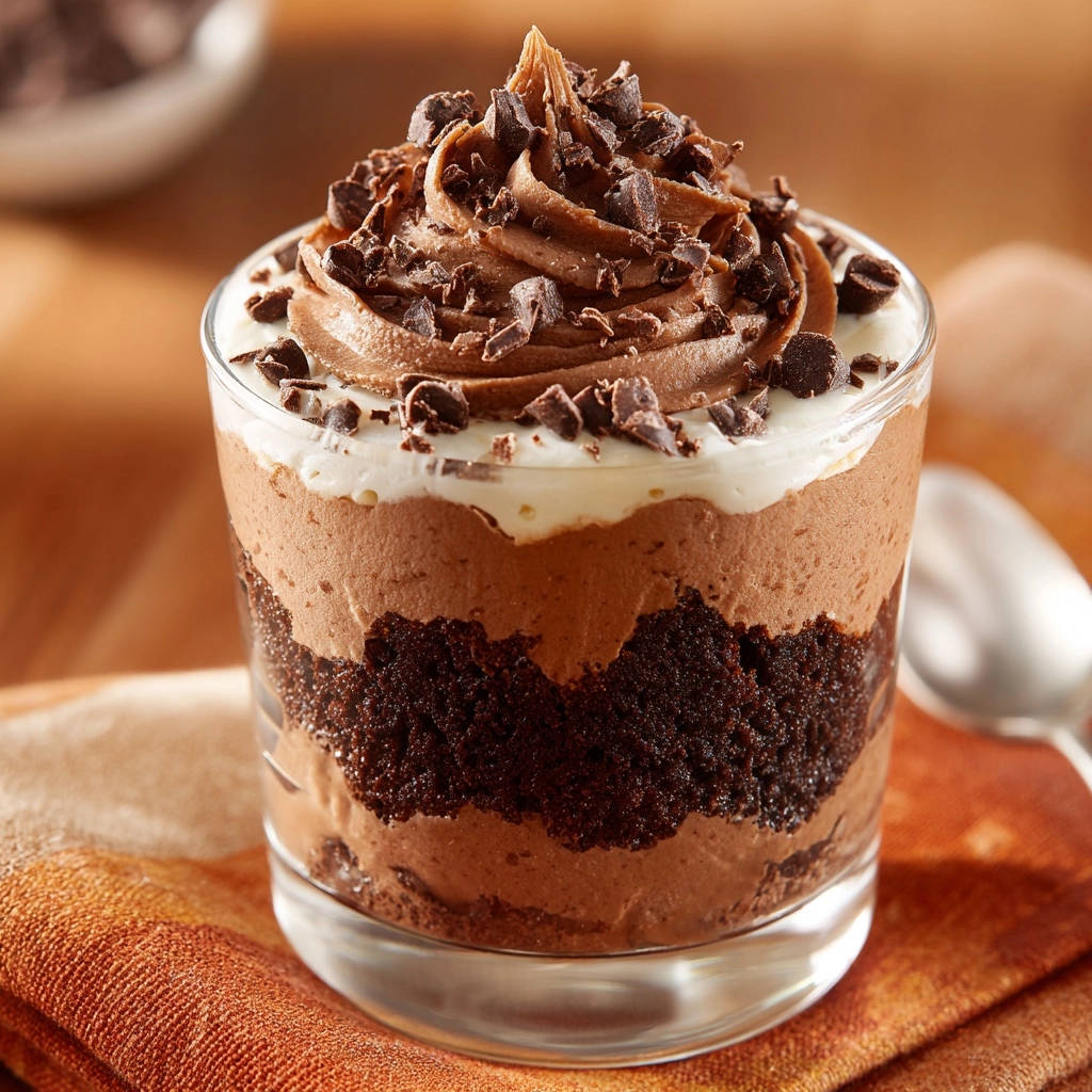 Ultimatives Schoko-Mousse-Dessert im Glas, detailreich garniert mit Schokostückchen und aufgeschlagener Mousse.