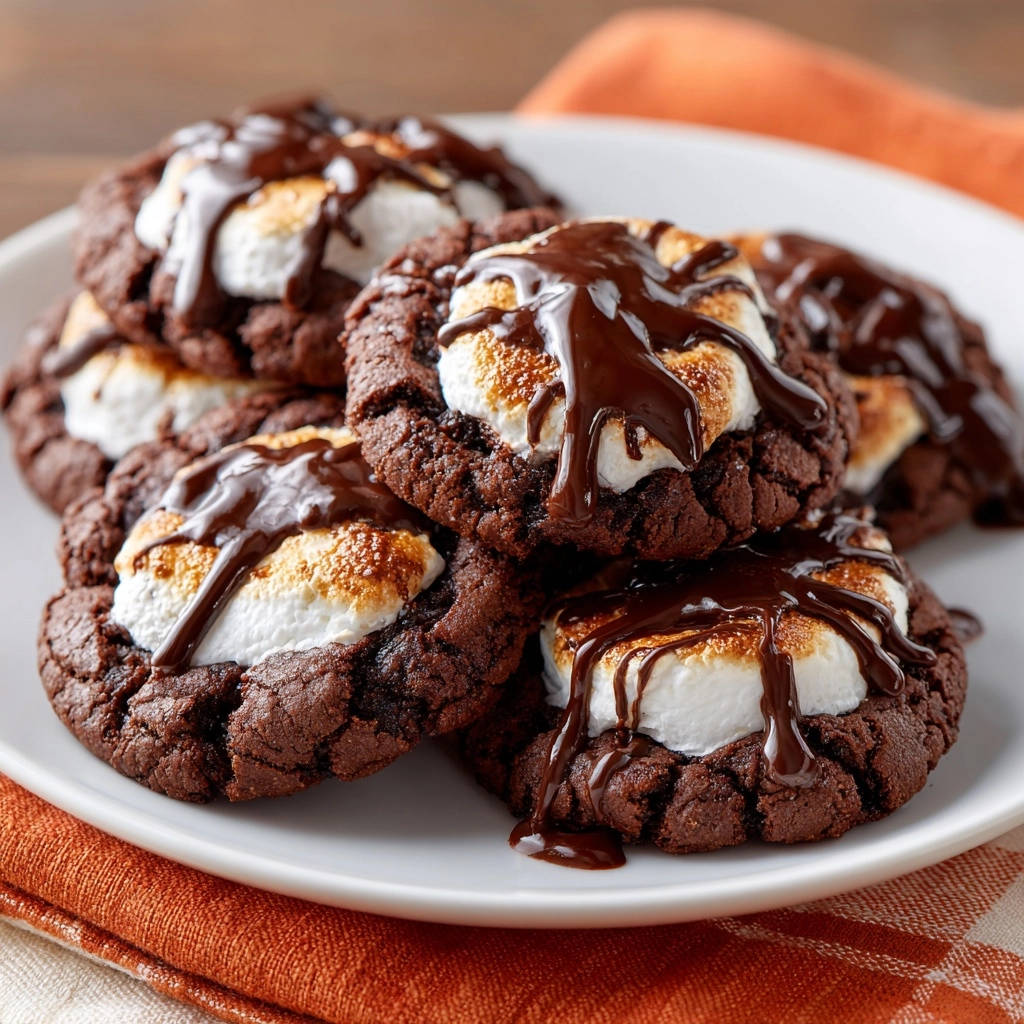 Schoko-S’mores-Cookies mit geschmolzenen Marshmallows und Schokoladenglasur auf einem Teller, Nahaufnahme.