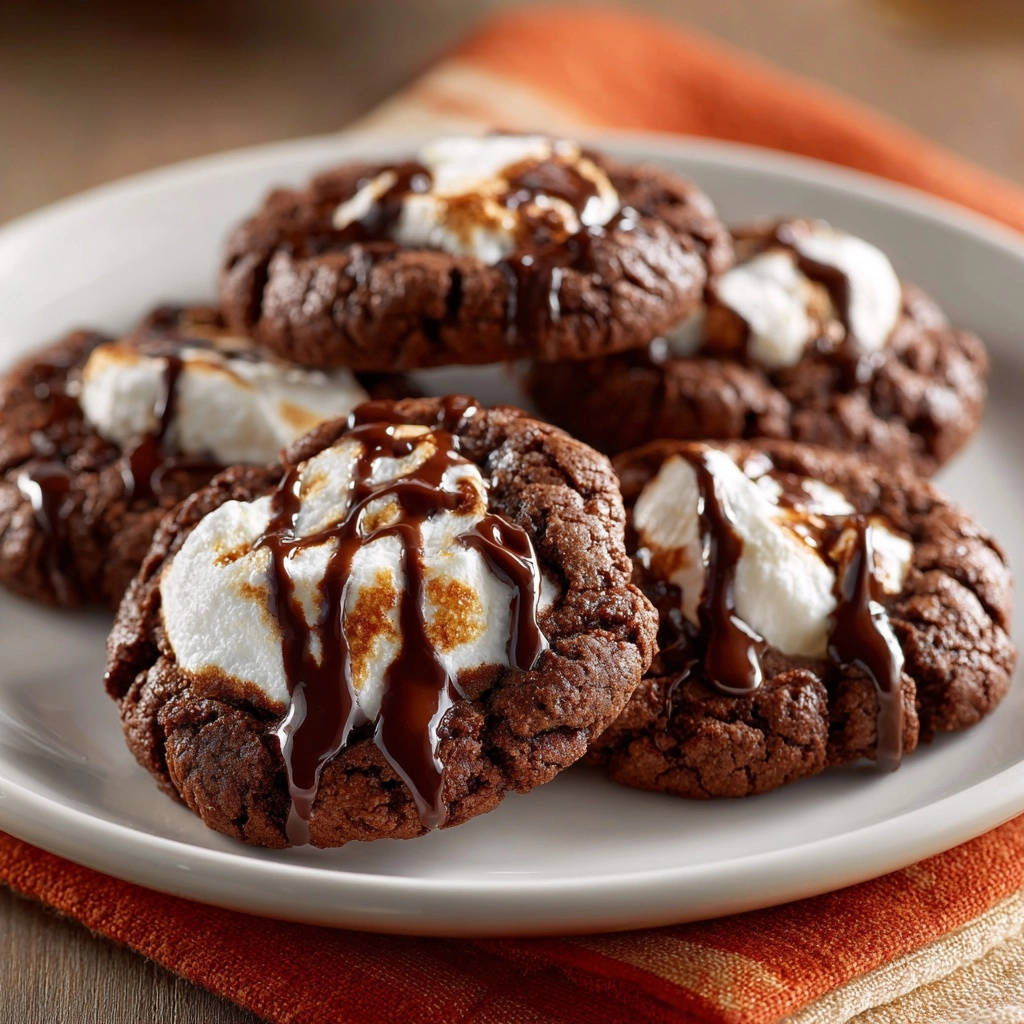 Schoko-S’mores-Cookies mit geschmolzenen Marshmallows und Schokoladenglasur, Nahaufnahme