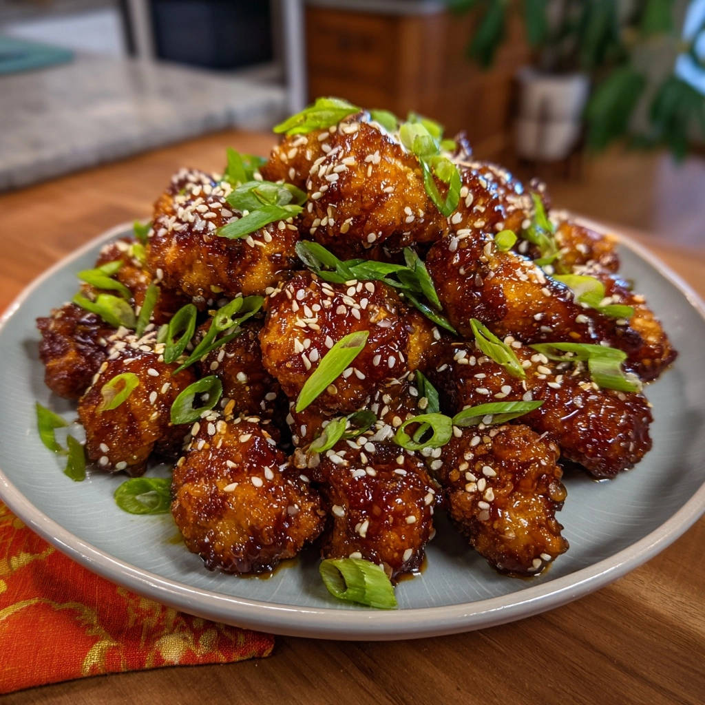 Knusprige Sesam-Hähnchen-Bites, garniert mit Frühlingszwiebeln und Sesam, auf einem Teller serviert.