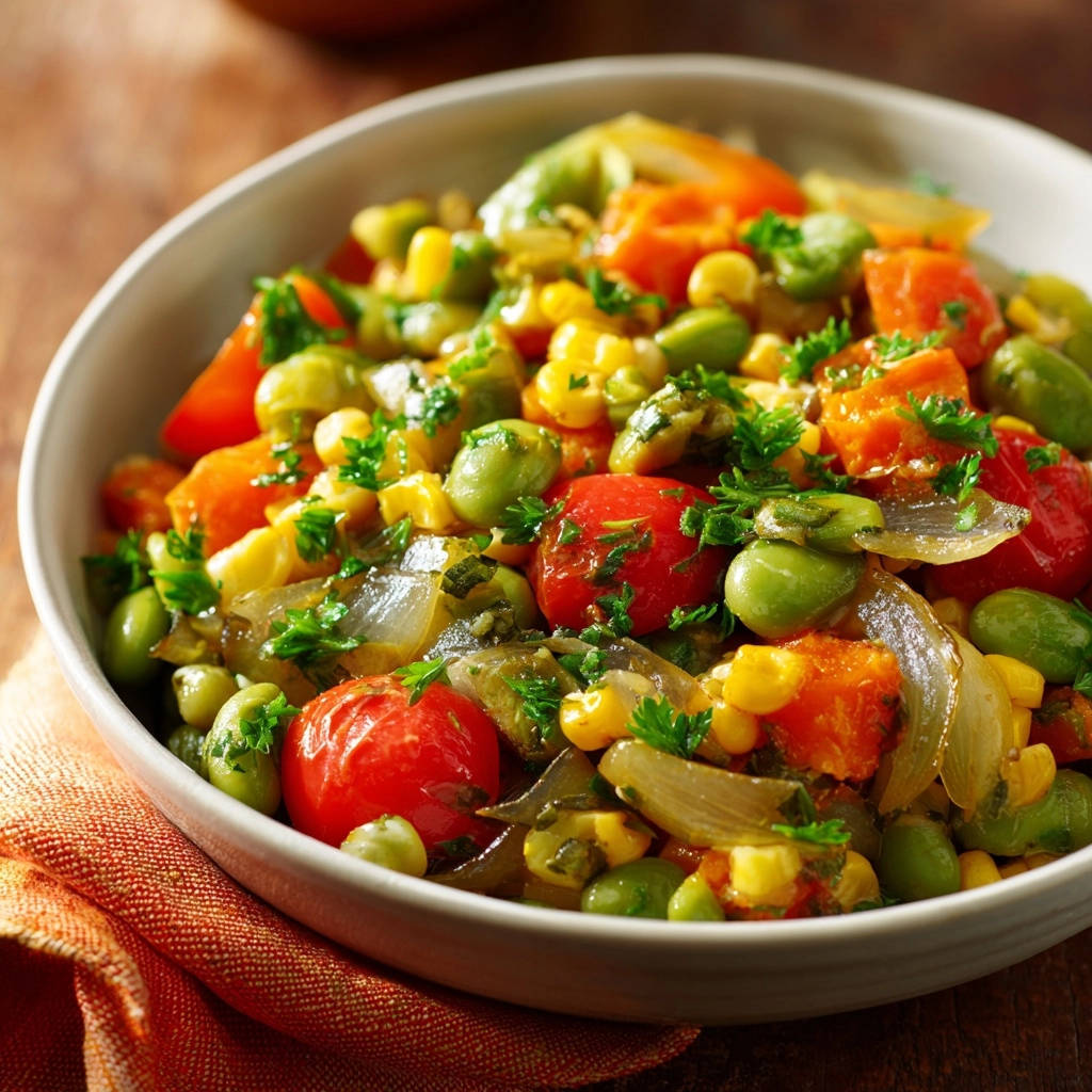 Sommerliche Gemüsepfanne als Nahaufnahme, frisch garniert mit Petersilie und verschiedenen Gemüsesorten wie Tomaten, Mais und Edamame.