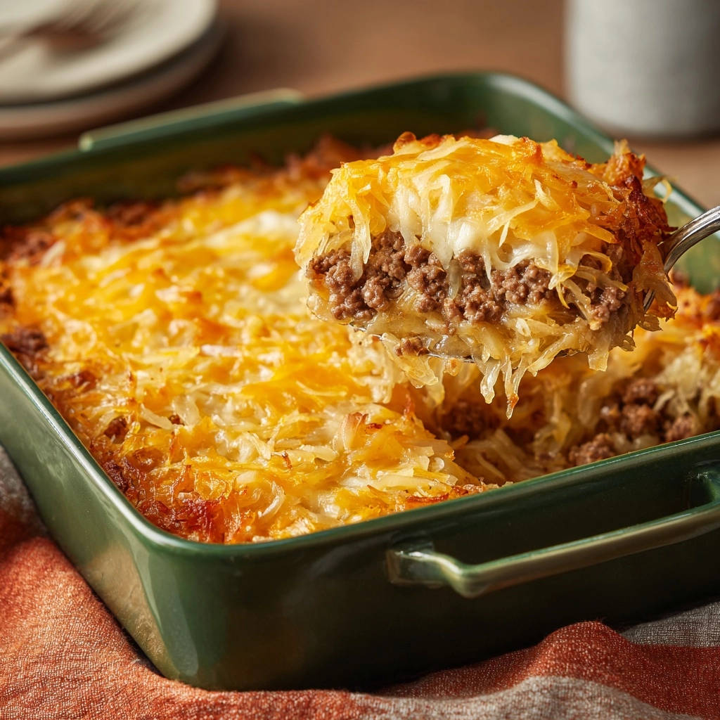 Herzhafter Spaghetti-Kürbis-Hack-Auflauf mit geschichtetem Querschnitt, der Hackfleischfüllung und Käse zeigt.