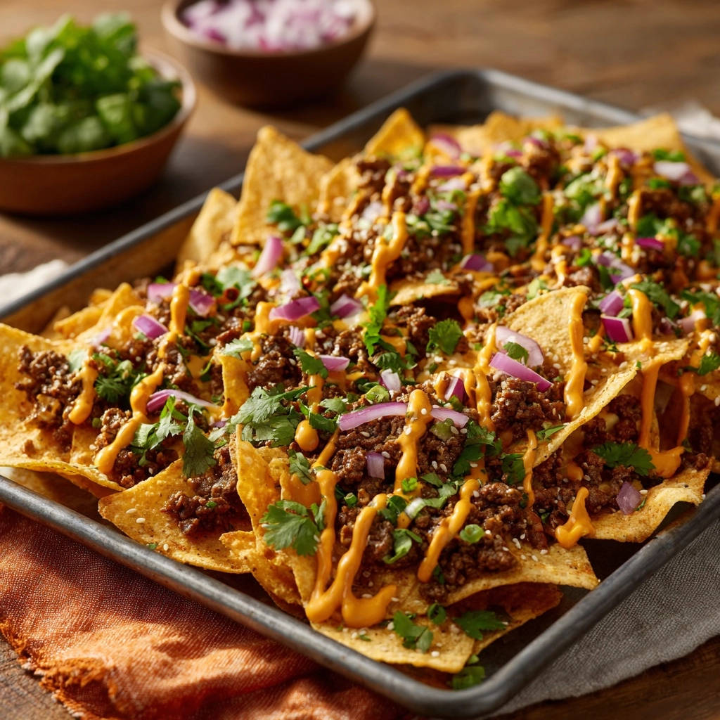 Super-Nachos mit Hackfleisch, detailreiche Nahaufnahme der geschichteten Tortilla-Chips mit Hackfleisch, Käse und roten Zwiebeln.