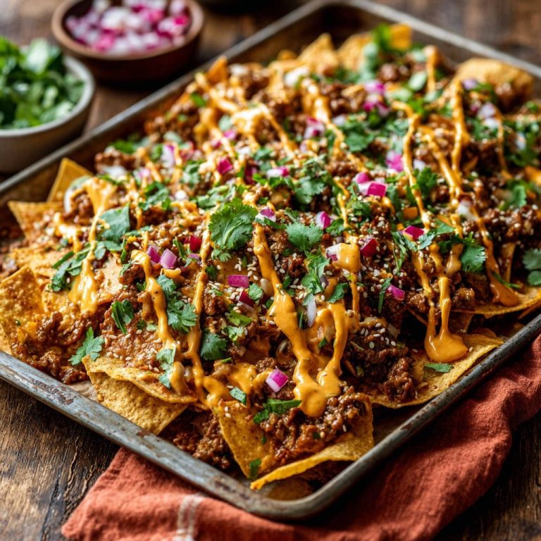 Super-Nachos mit Hackfleisch als Nahaufnahme mit geschmolzenem Käse und frischen Kräutern auf einem Backblech.