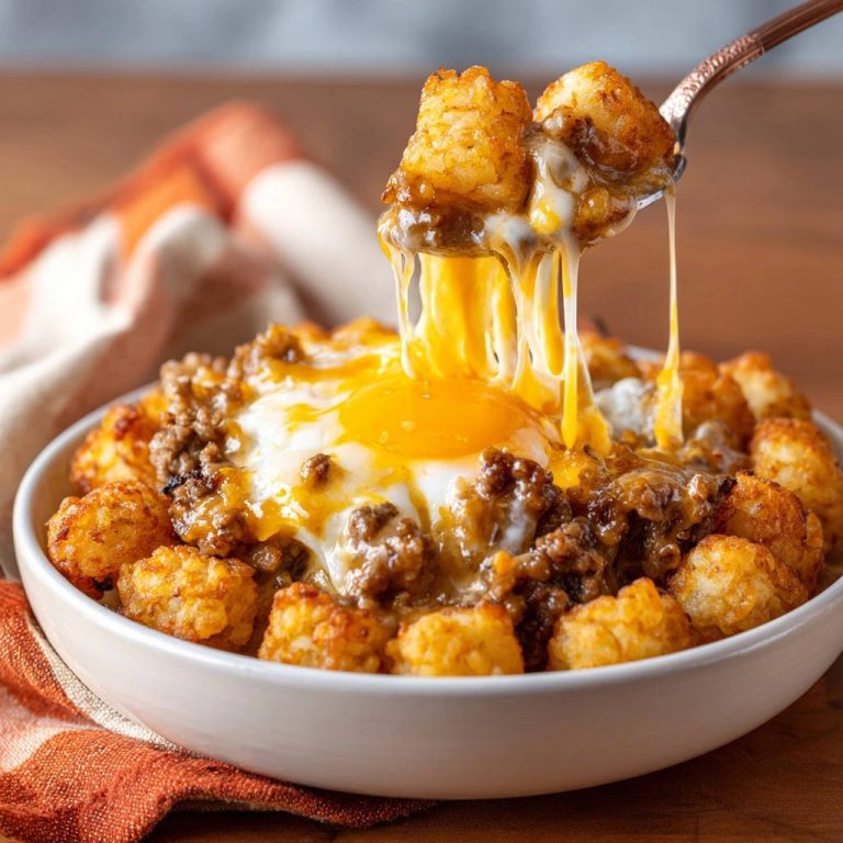 Knusprige Tater Tot Bowl mit Rinderhack und Spiegelei, mit geschmolzenem Käse überzogen und auf einer Gabel serviert.