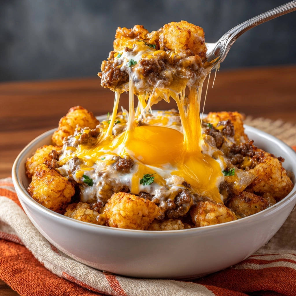 Knusprige Tater Tot Bowl mit Rinderhack und Spiegelei, mit geschmolzenem Käse und einem Spiegelei, das von einer Gabel gezogen wird.