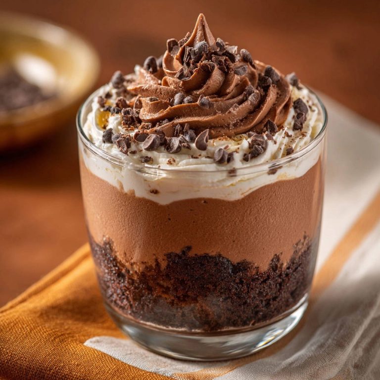 Ultimatives Schoko-Mousse-Dessert im Glas, kunstvoll garniert mit Schlagsahne und Schokostückchen, im Detail gezeigt.