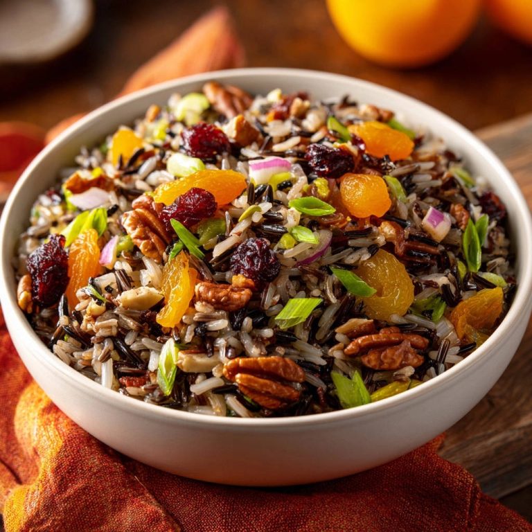 Wildreis-Salat mit Cranberries und Pekannüssen, eine Nahaufnahme mit Fokus auf die frischen Zutaten und die Textur des Salats in einer Schüssel.