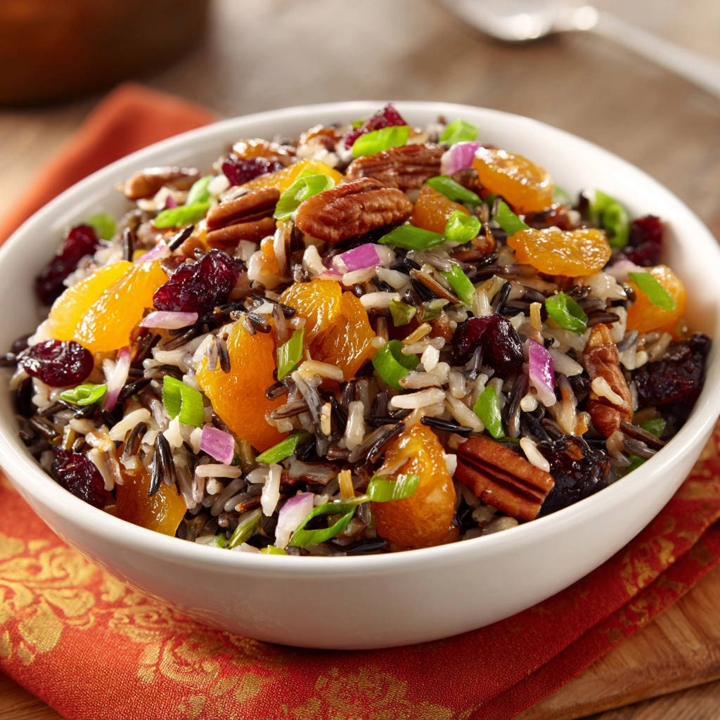 Wildreis-Salat mit Cranberries und Pekannüssen, Nahaufnahme der Zutatenmischung in einer weißen Schüssel.