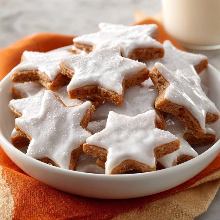 Winterliche Gewürzsterne mit Zuckerguss auf einem Teller nah aufgenommen, die Sternenform ist deutlich erkennbar.