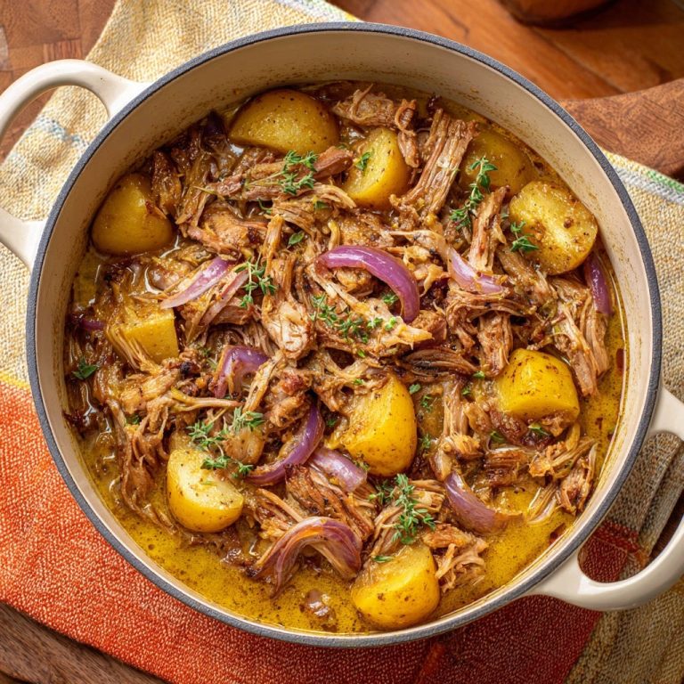 Zartes Schmorgericht mit Kartoffeln und Roten Zwiebeln von oben in einem Topf serviert, mit frischem Thymian garniert.