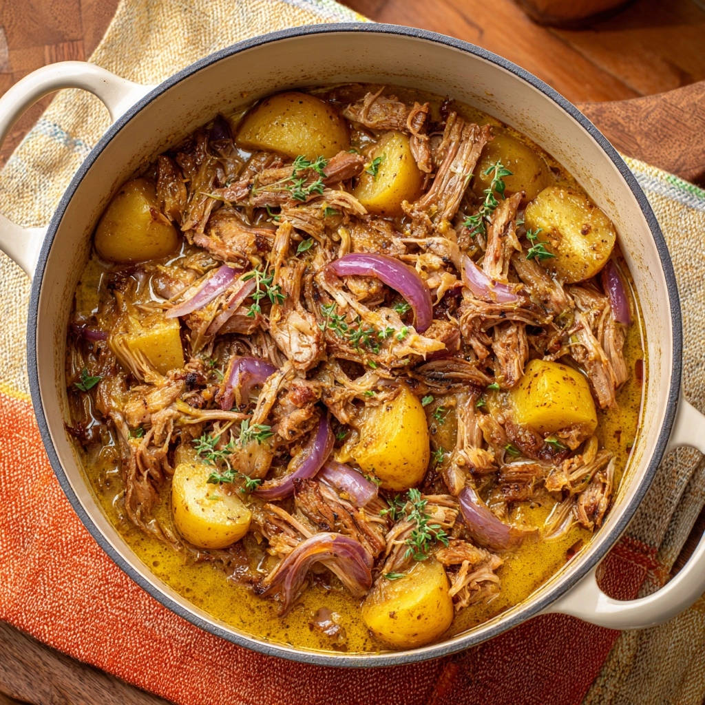 Zartes Schmorgericht mit Kartoffeln und Roten Zwiebeln von oben in einem Topf serviert, mit frischem Thymian garniert.