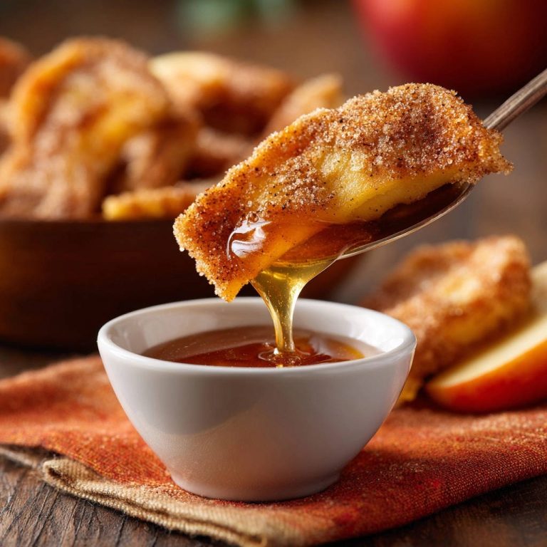 Knusprige Zimt-Apfel-Fingers werden in süßen Honig getunkt, was die Textur und den Genuss hervorhebt.