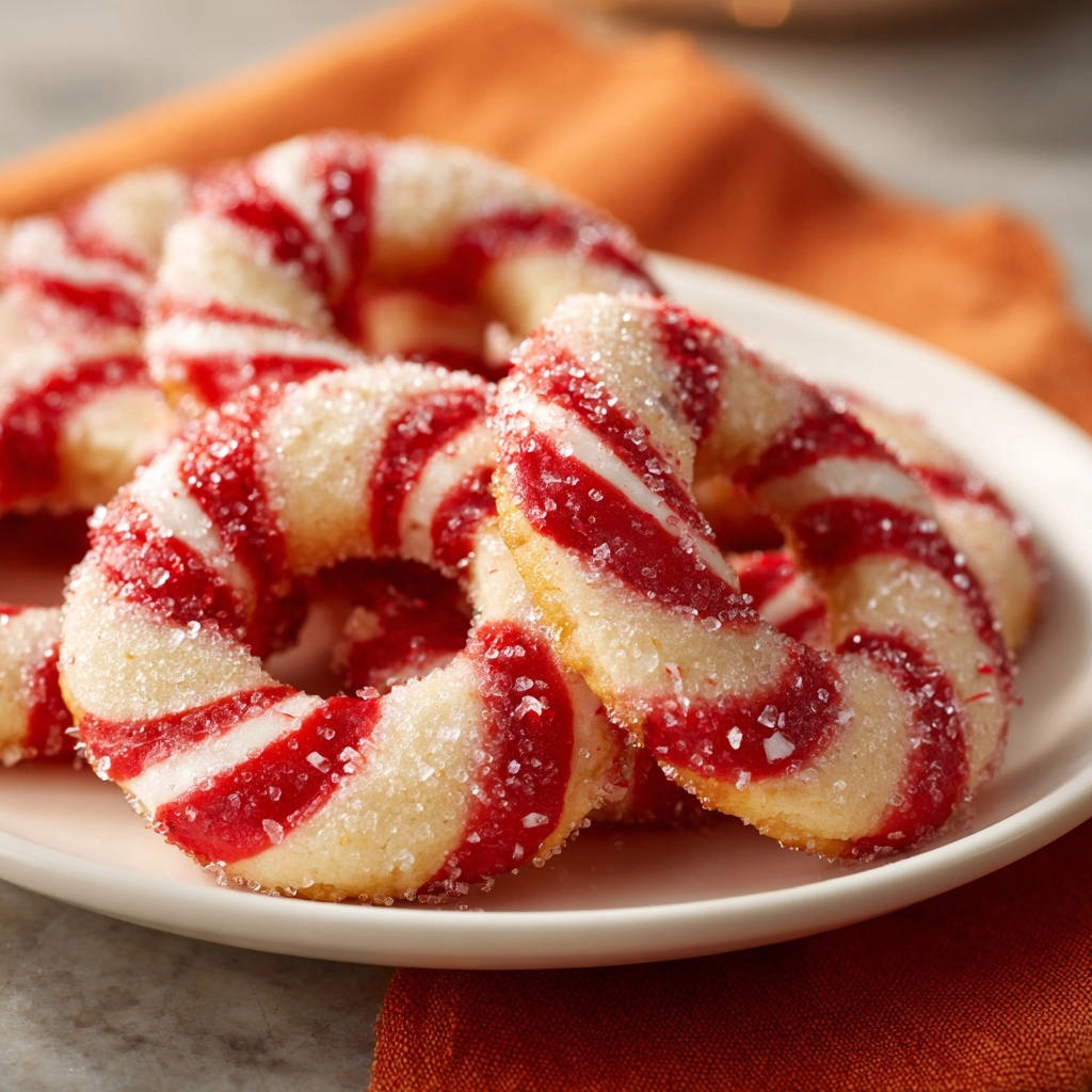 Festliche Zuckerstangen-Kekse, nahaufnahme des zarten Gebäckrings mit roten und weißen Streifen und Zuckerkristallen.