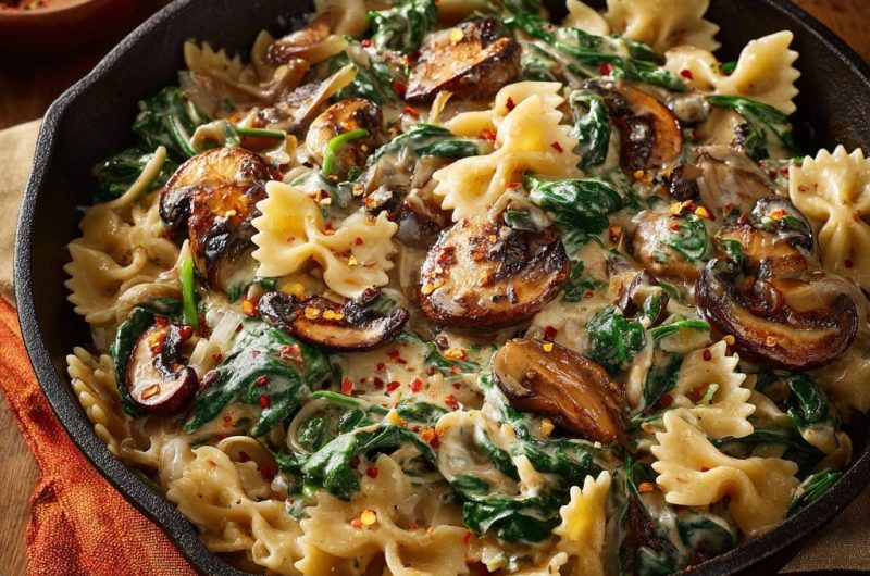 Cremige Farfalle mit Pilzen und Spinat