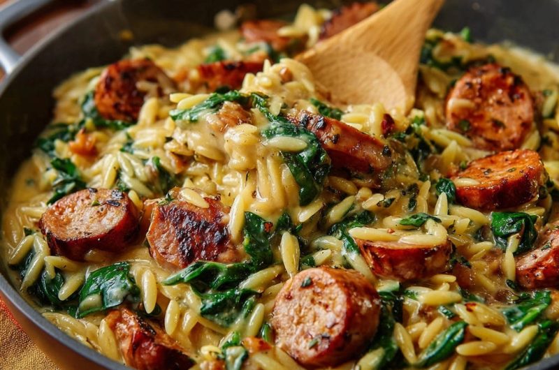 Cremige Orzo-Pfanne mit Wurst und Spinat