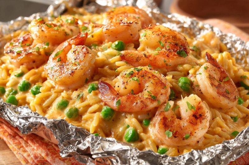 Cremige Orzo mit Gebratenen Garnelen