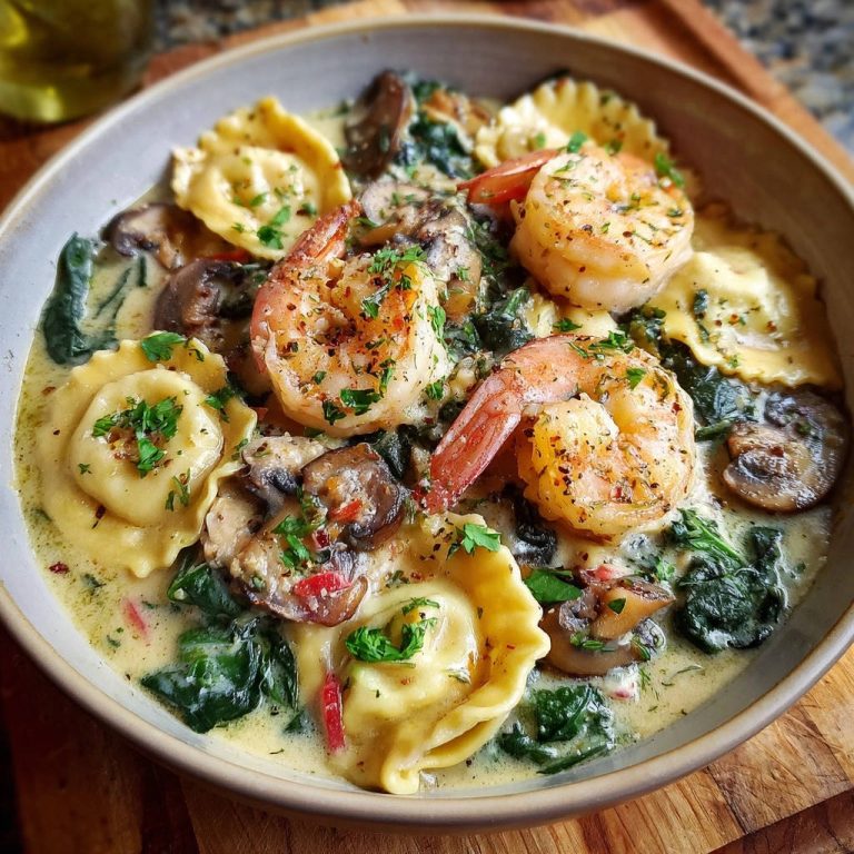 Cremige Ravioli mit gebratenen Garnelen und Pilzen: Perfekt zart & unwiderstehlich