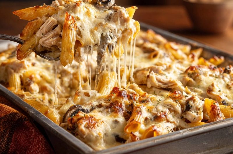 Cremiger Hähnchen-Pilz-Nudelauflauf