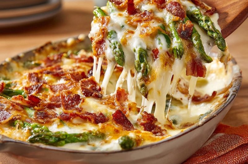 Cremiges Spargel-Käse-Gratin mit krossem Bacon