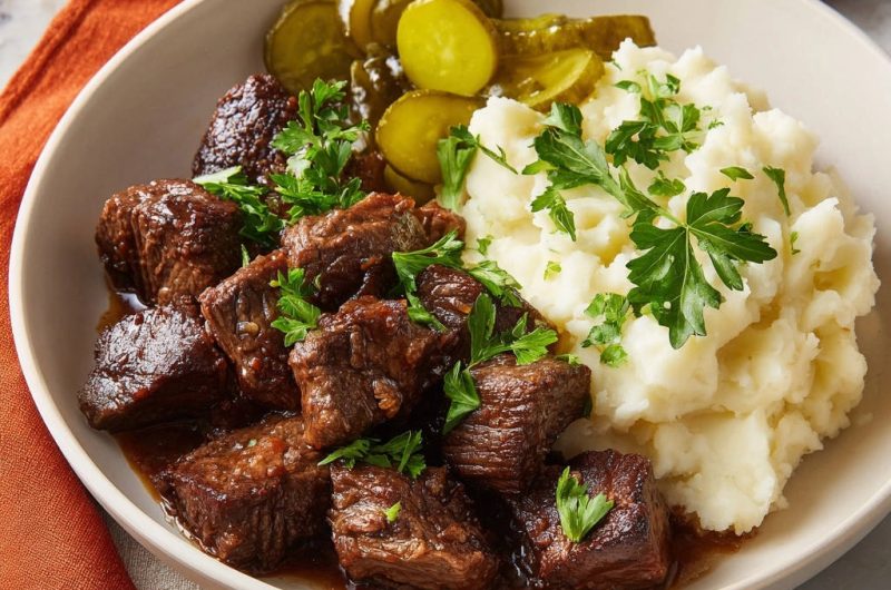 Deftiges Rinderschmorrfleisch mit cremigem Püree