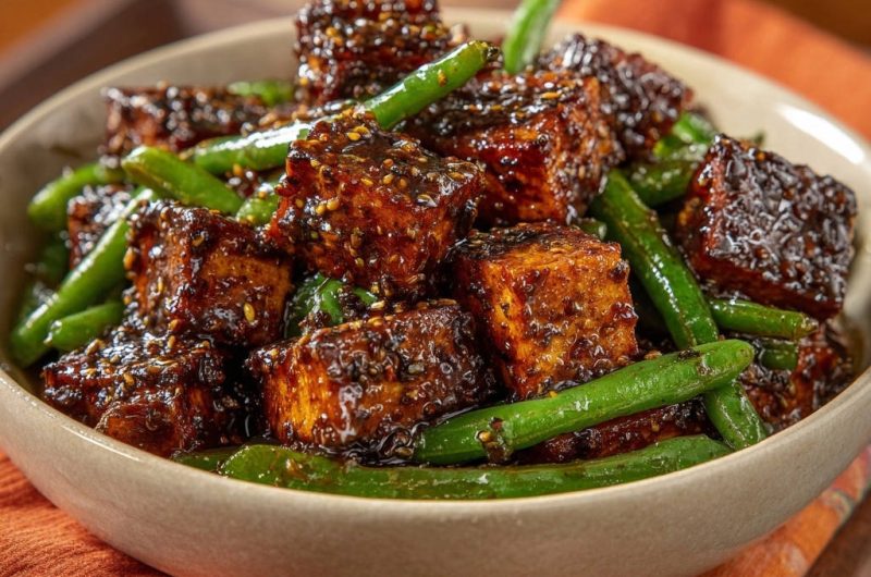Glänzender Sesam-Tofu mit knackigen Bohnen